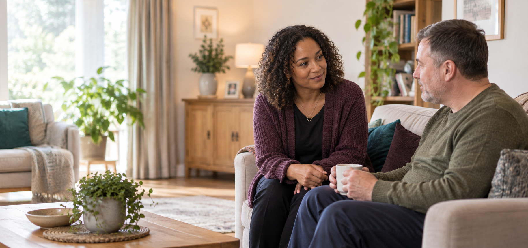 A support worker listening during a conversation at home