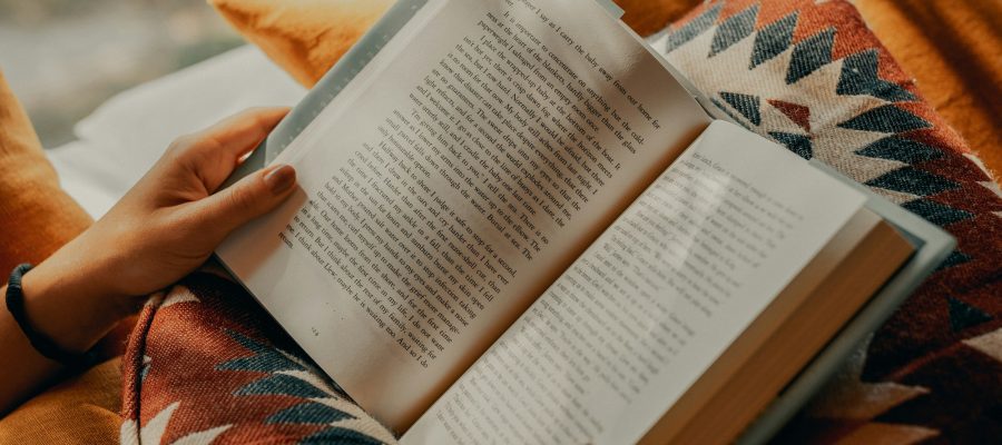 A person reads an open book