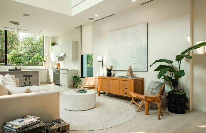 A bright living room with seating, plants and natural light